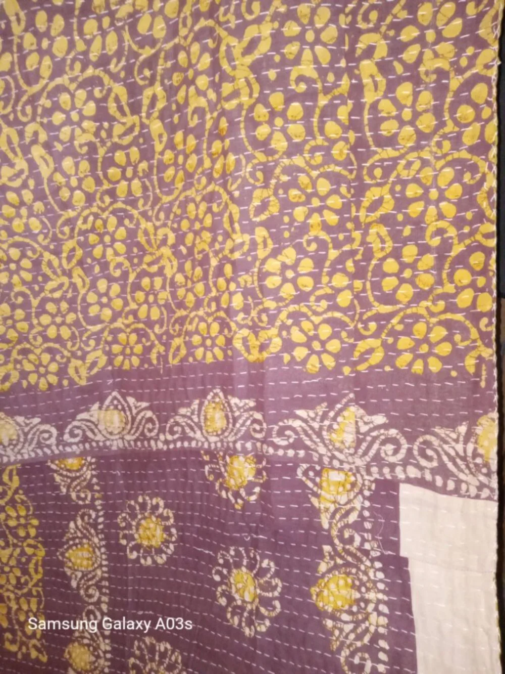 Kantha Quilt Light Green Tan Ferns 54